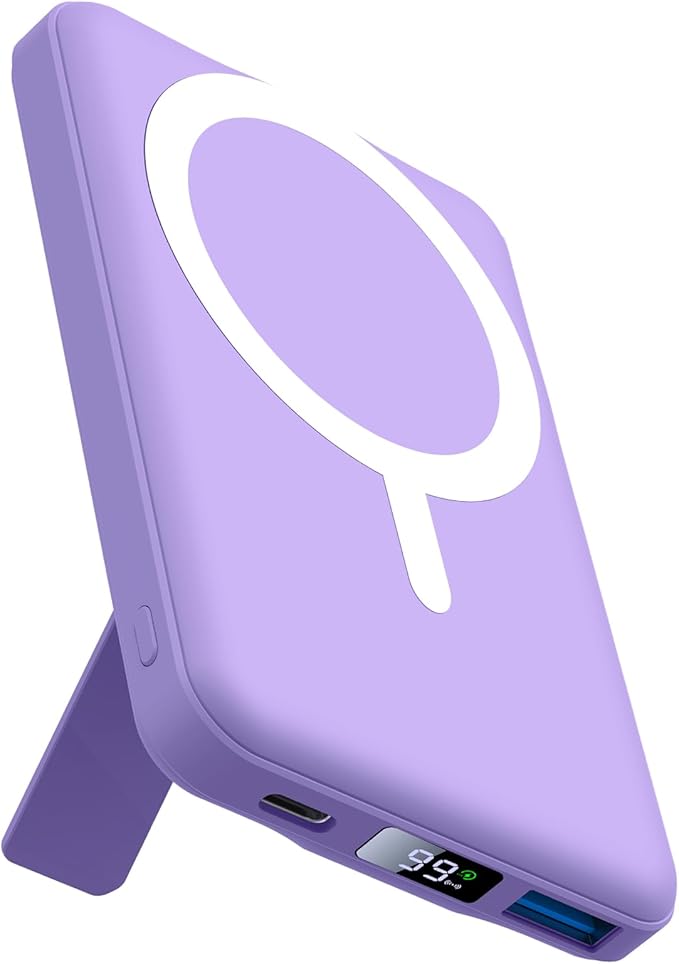 AOGUERBE for MagSafe Portable Charger, 10000mAh Magnetic Power Bank 22.5W Fast Charging, Mini Battery Pack Wireless with LED Display&Foldable Stand for iPhone 17/16/15/14/13/12 Series (Light Purple)