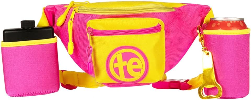 Tipsy Elves Pink Lemonade Fanny Pack w/Drink Holder - Retro Neon Adjustable Belt Waist Packs - Secure Zipper Pocket for Storing Essentials