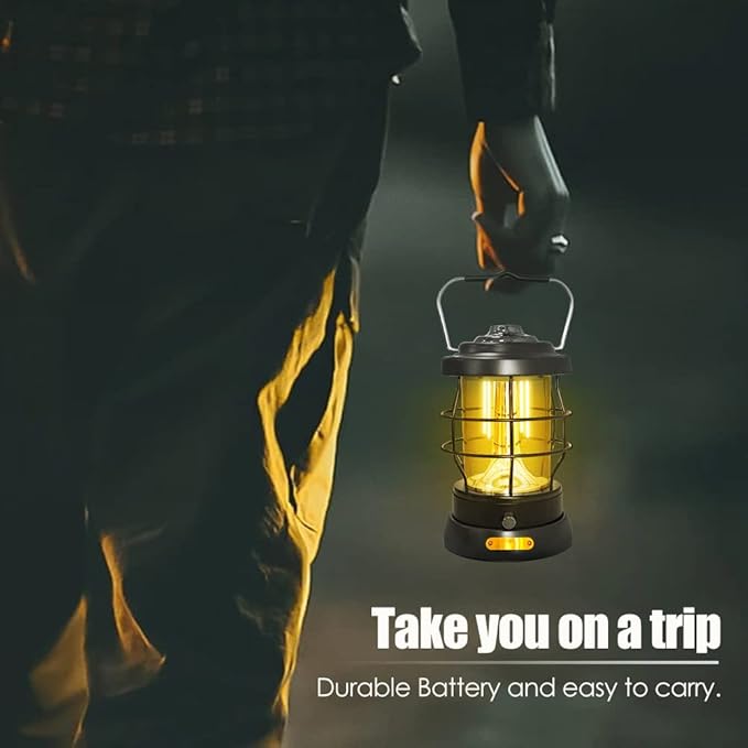 Retro Camping Lantern Rechargeable 1500LM 2 Modes Dimmable,Portable Electric Hurricane Lamp Hands-Free Flashlight,5000 mA High Capacity Battery LED Lanterns for Power Outages Indoor