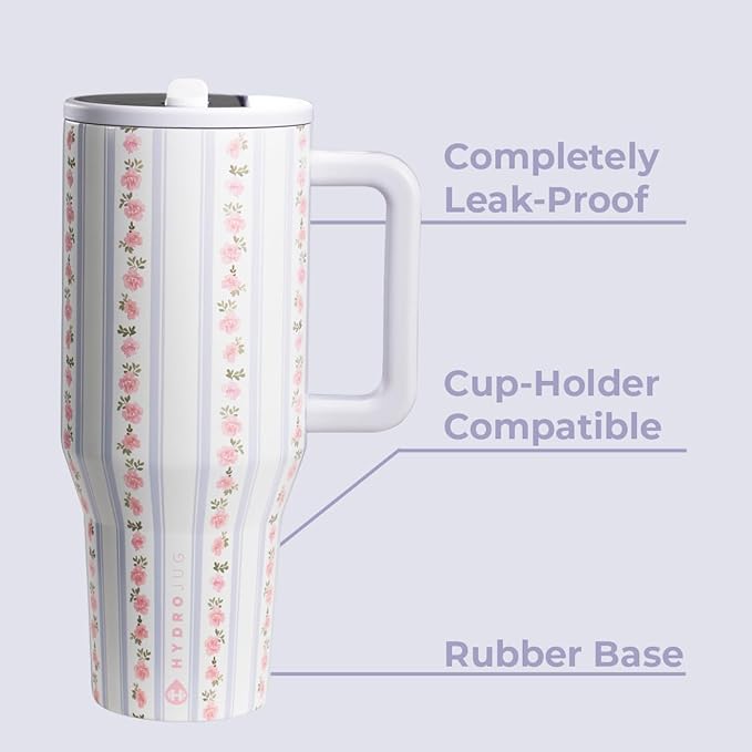 HydroJug Traveler - 32 oz Water Bottle with Handle & Flip Straw - Fits in Cup Holder, Leak Resistant Tumbler-Reusable Insulated Stainless Steel & Rubber Base - Gifts for Women & Men, Primrose