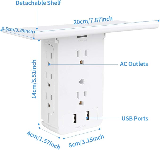 Socket Wall Shelf-CFMASTER 10 Port Surge Protector Wall Outlet, 8 Electrical Outlet Extenders and 2 USB Ports 2.4A, with Removable Built-In Shelf, FCC Listed (2, White)