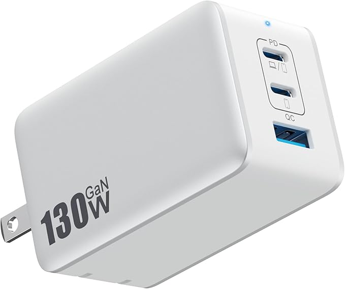130W USB C Wall Charger,GaN III 3-Port Fast Charging Station,PD QC Foldable Charger Block Portable 65W USB C Laptop Adapter for MacBook Pro/Air,iPad Pro,Galaxy S23,Dell XPS 13,iPhone 16