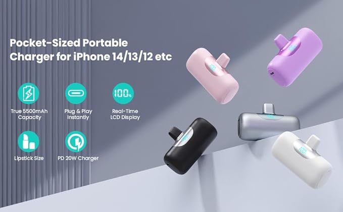 Mini Portable Charger for iPhone,Upgraded 22.5W PD Fast Charging 5500mAh Ultra-Compact Power Bank,LCD Display Plug-in Cute Battery Pack Travel Essentials for iPhone 14/14Pro/13/12/11/X/8/7/6 (Black)
