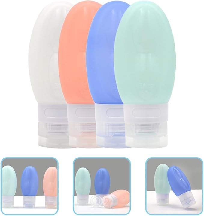 4pcs 90ml Silicone Refillable Travel Bottles for Toiletries, Leak Proof Shampoo Container Set with Peach Pink, White, Light Green, Sky Blue for Portable Personal Care