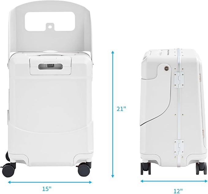 TABU 20" Ride on Luggage with Foldable Seat，Front-Opening Carry On Suitcase with Built-in USB & Type-C Port, TSA Lock and 360° Silent Spinner, for Kids & Adults, White