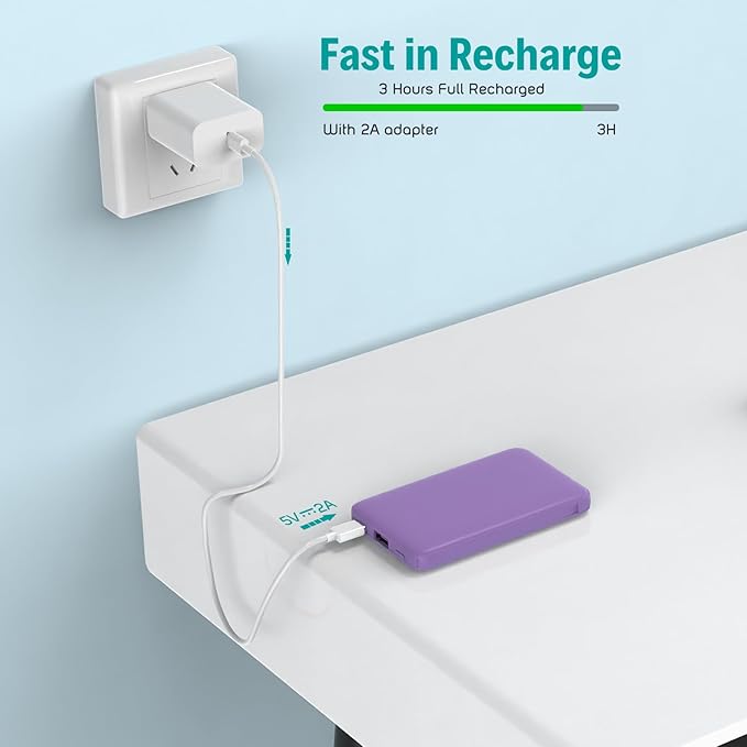 Sethruki Smallest Portable Charger with Built-in Cables 5000mAh,Ultra Slim Power Bank,Mini High Speed External Battery Packs,Lightweight USB C Phone Charger for iPhone Samsung Google Android (Purple)