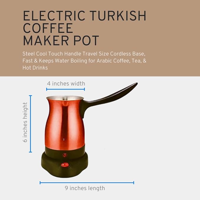 Electric Turkish Coffee Maker Kettle Pot Stainless Steel Cool Touch Handle Travel Size, Fast Boil & Keeps Water Boiling for Arabic & Greek Coffee, Tea 0.3L (RED)