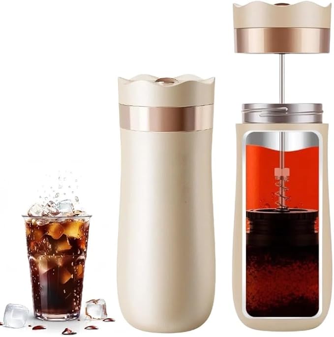 Travel French Press Coffee Maker 12oz Portable French Coffee Cup Double Walled Stainless Steel Vacuum Insulated Coffee Mug and Tea Maker Mini Vacuum Great for Camping and Traveling