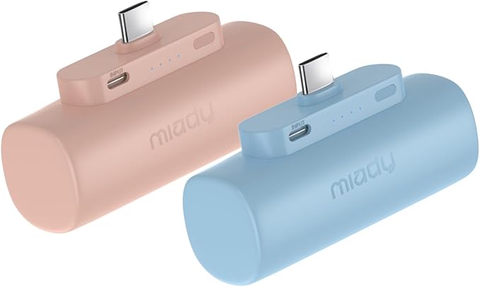 Miady 2-Pack 5000mAh Mini Portable Charger with Built-in Type C Connector, 5V 2.4A USB-C Output Fast Charging Small Power Bank Compatible with iPhone 17/16 Galaxy S24/S22 (Cream Blue+Champagne Pink)