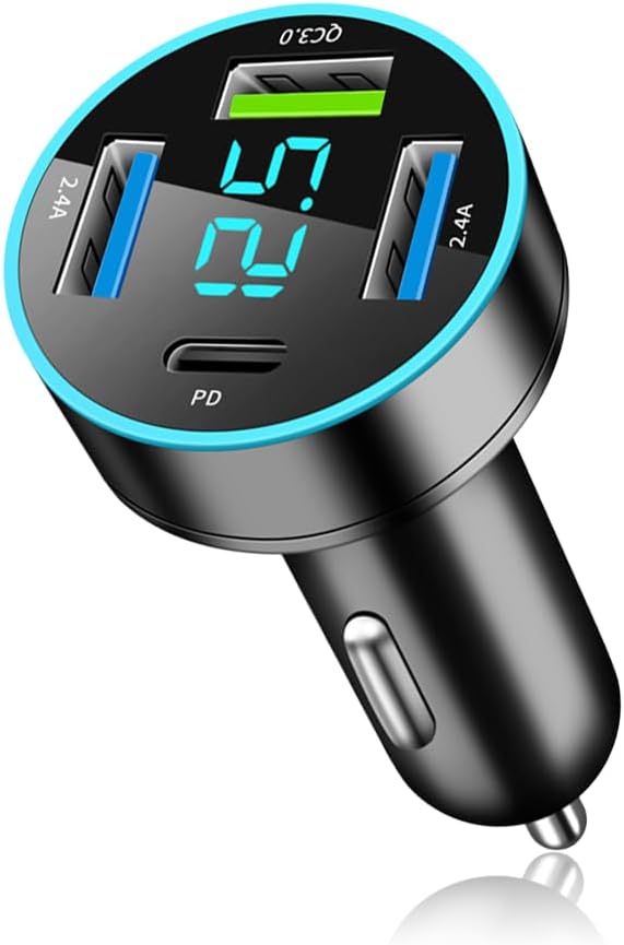 4 Ports Fast Car Charger,[Upgrade Voltmeter Display] PD+QC3.0 Car Charger Adapter for 12-24V Cigarette Lighter Plug,Phone Charger Compatible with iPhone/Android/Samsung/iPad(QC3.0+PD+2.4A+2.4A)