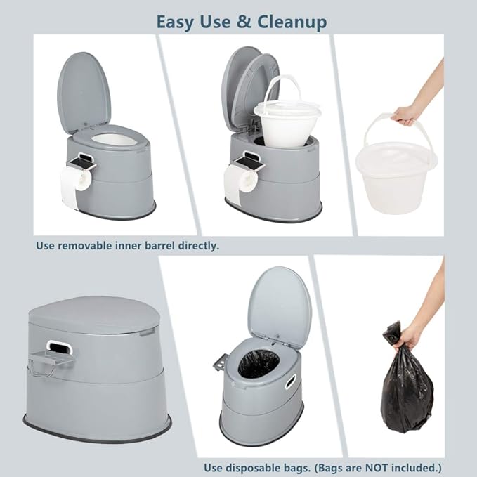 VINGLI Portable Toilet | Indoor Outdoor Commode w/Detachable Inner Bucket & Removable Paper Holder, Lightweight & Compact for Camping, Boat, Van, Emergency Use (Grey)
