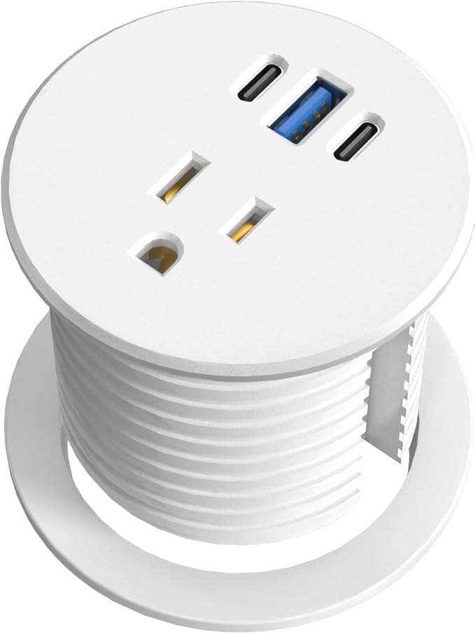 Desk Grommet Power Outlet, 2.5 inch Desktop Recessed Outlet with 20W Fast Charging USB-C Port, Flush Mount Outlet for Conference Rooms, Office Tables, Furniture (White, 10FT)