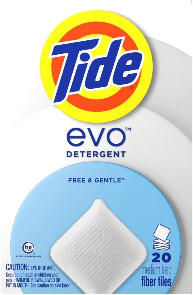 Tide evo Free & Gentle Tiles Fragrance Free Hypoallergenic Laundry Detergent Fiber Tiles for Sensitive Skin Works on 100% of Common Stains Safe for All Machines & Water Conditions,40 Count (Pack of 4)