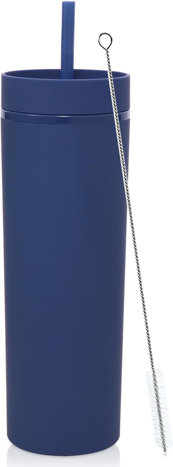 Volhoply 20oz Plastic Skinny Tumbler,Double Wall Tumblers with Lid and Straw,Reusable Travel Iced Coffee Mug,BPA Free Matte Acrylic Water Cups With Straw for Parties,DIY Gifts(Navy, 1 Set