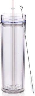 Volhoply 20oz Plastic Skinny Tumbler,Double Wall Tumblers with Lid and Straw,Reusable Travel Iced Coffee Mug,BPA Free Matte Acrylic Water Cups With Straw for Parties,DIY Gifts(Clear,1 Set)