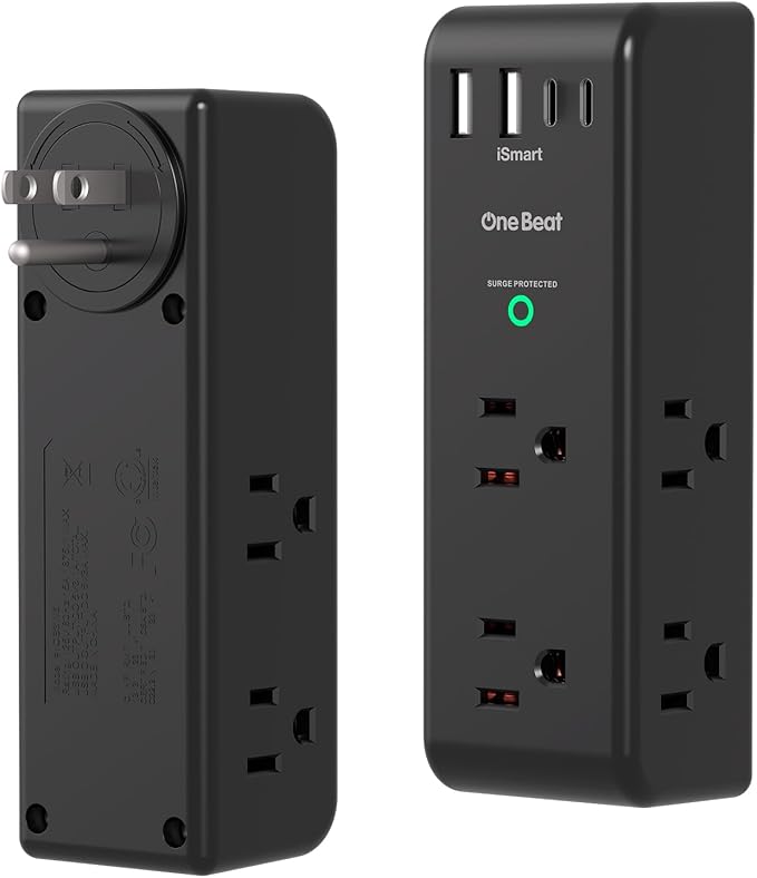 Surge Protector Outlet Extender with Rotating Plug, 6 AC Multi Plug Outlet with 4 USB Ports (2 USB C), 1800 J, 3-Sided Swivel Power Strip with Spaced Outlet Splitter for Dorm Office, Black-2 Pack