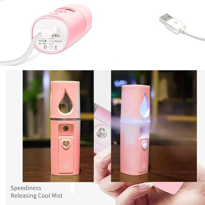 Nano Facial Steamer Mist Spray Eyelash Extensions Cleaning Pores Water SPA Moisturizing Hydrating Face Sprayer USB Rechargeable Mini Beauty Device (Pink)