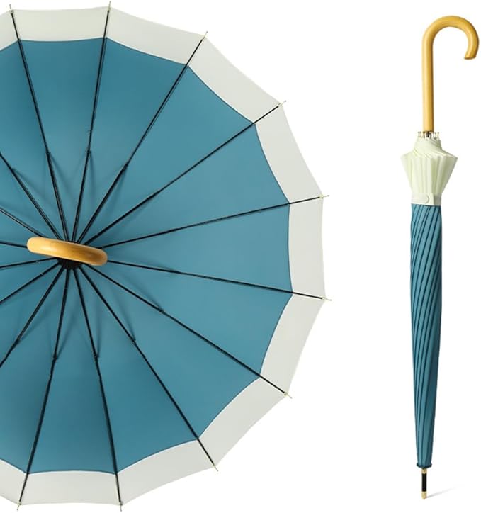 ThreeH Big Beatiful Umbrella with Arc Classic Wood Handle 16 Ribs 48" Windproof Sturdy Stick Rain Umbrella
