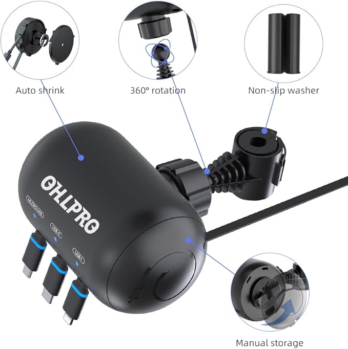 OHLPRO Multi Car Retractable Backseat 3 in 1 Car Charging Station Box Compatible with All Phones | iPhone | Samsung | Uber Taxi Lyft Turo Ride Share Customer Charging Dock Attach to Headrest