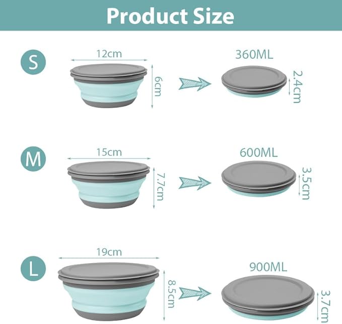 flintronic 3Pcs Collapsible Camping Bowl Sets, Portable Silicone Bowl with Lid, Folding Bowl, Portable Salad Bowl, Folding Lunch Box for Camping, Kitchen, Hiking