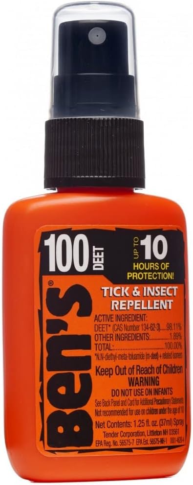 Ben’s 100% DEET Tick & Insect Repellent 1.25 oz. Pump Spray – 100 Percent DEET Bug Spray Travel Size Best Insect Repellent Last 10 Hours Repels Mosquitoes, Ticks, Black Flies, Chiggers, Midges, & More