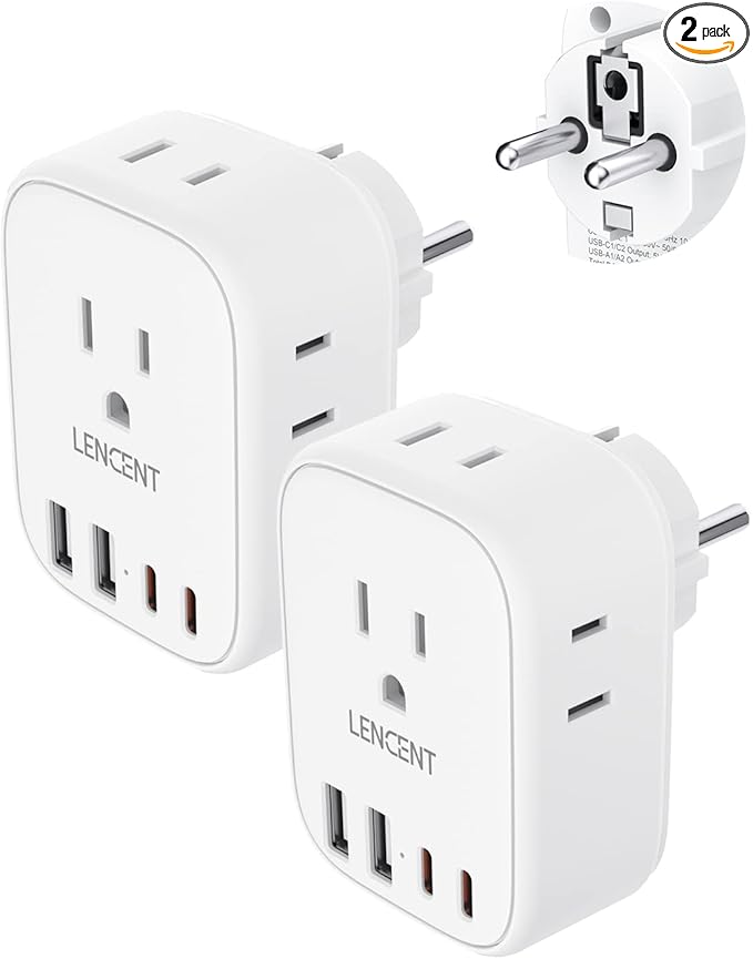 LENCENT 2 Pack Germany France Travel Power Adapter, Schuko Type E/F Power Plug Adaptor with 4 USB Ports(2 Type C), 4 Outlet Converter, US to EU Spain French German Greece Norway Iceland South Korea