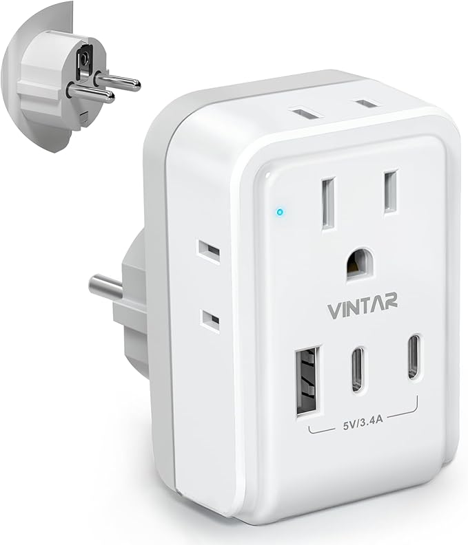 Type E F Travel Plug Adapter, VINTAR Germany France Plug Adapter with 4 Outlets 3 USB Ports (2USB C), Schuko Power Adaptor for US to Europe EU Spain Greece Iceland Korea Russia German French