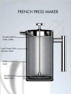 ZARIN 34oz (1L) French Press Coffee & Tea Maker – Borosilicate Glass & Stainless Steel Coffee Brewer with 2 Bonus Filters – Portable Cold Brew & Tea Press, silver color