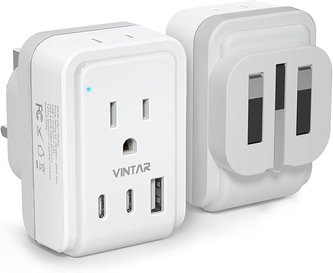 1 Pack UK Adapters for Travel, VINTAR Foldable Ireland Plug Adapter, Type G Pulg Adapter with 2 Outlets and 3 USB Ports(2 USB C), 5 in 1 UK Power Adapter for US to England London Scotland Hong Kong
