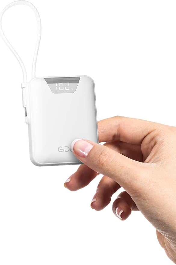 M1 Mini Portable Charger, 10000mAh Ultra-Compact Power Bank, 22.5W PD Fast Charging, Tpye-C Built-in Cable, Small External Battery Pack for iPhone, Samsung, Android iPad (White)