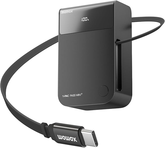 MOMAX 10000mAh Portable Charger Power Bank with Retractable Cable, 45W Fast Charging Battery Pack 2 USB-C+A Ports,LED Power Display, Flight Friendly Powerbank for iPhone 17/16/15 Series(Black)