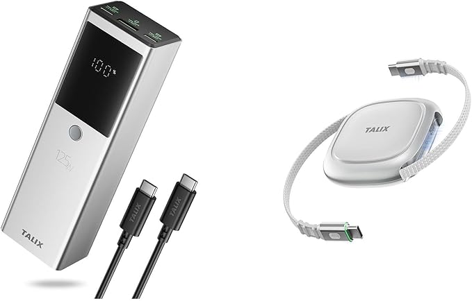 TALIX Fast Charging Power Bank Bundle, 125W 12800mAh Laptop Battery Pack with 240W USB-C Retractable Cable, 3-Port PD Charger for MacBook iPhone 17 Samsung Lenovo Travel