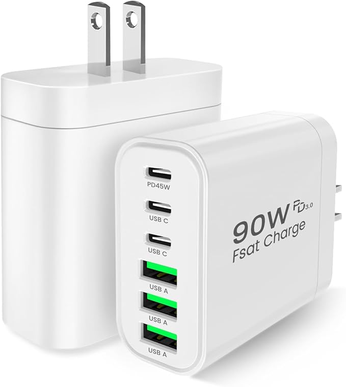 90W Power Strip Surge Protector GaN USB C Charger Block (White, Two)