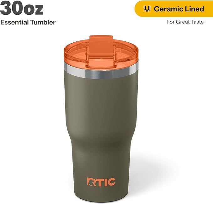 RTIC 30oz Essential Tumbler with Lid, Ceramic Lined, Insulated, Stainless Steel, Metal, Double Wall Vacuum-Insulation, Travel Cup for Iced Coffee, Tea, Hot and Cold Drink, Trailblazer