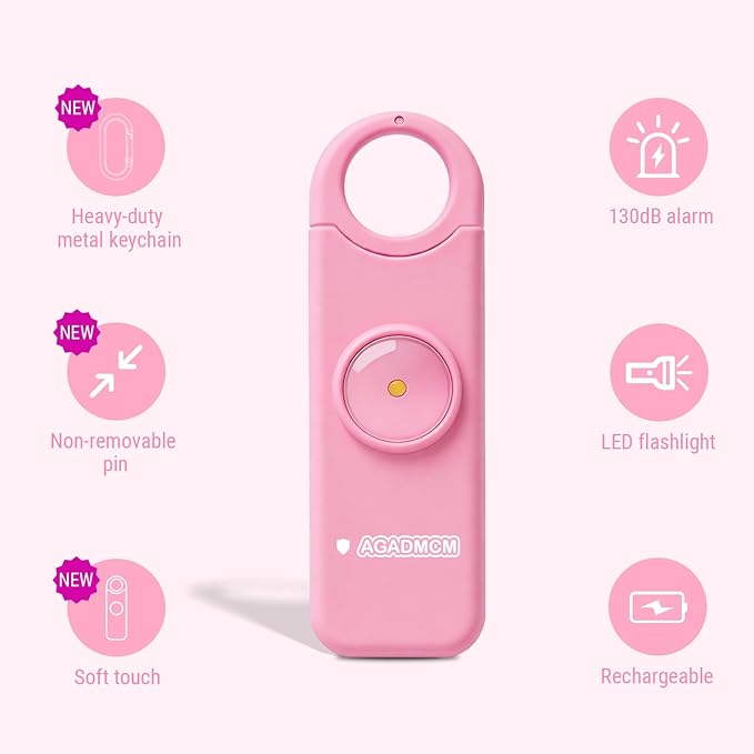 Rechargeable Personal Safety Alarm, 130dB Emergency Siren with LED Flashlight, Portable Keychain for Women, Kids, Elderly, Night Running & Travel (Baby Pink)