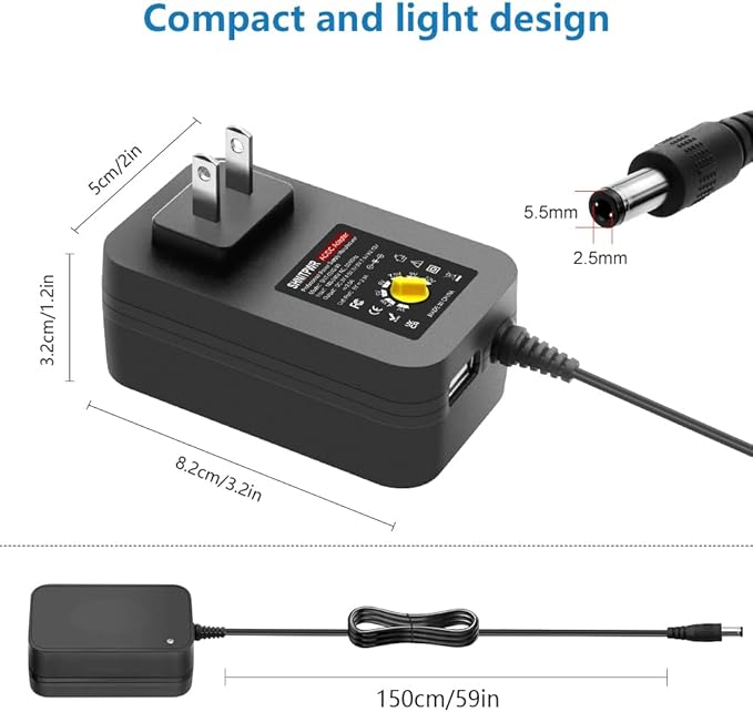 SHNITPWR 30W Universal Power Supply 3V 4.5V 5V 6V 7.5V 9V 12V Adjustable Variable AC/DC Adapter with 5V 2.1A USB Port, 100V-240V AC to DC 3V~12V Converter 0.5A 1A 1.2A 1.5A 2A 2.5A Max with 14 Tips