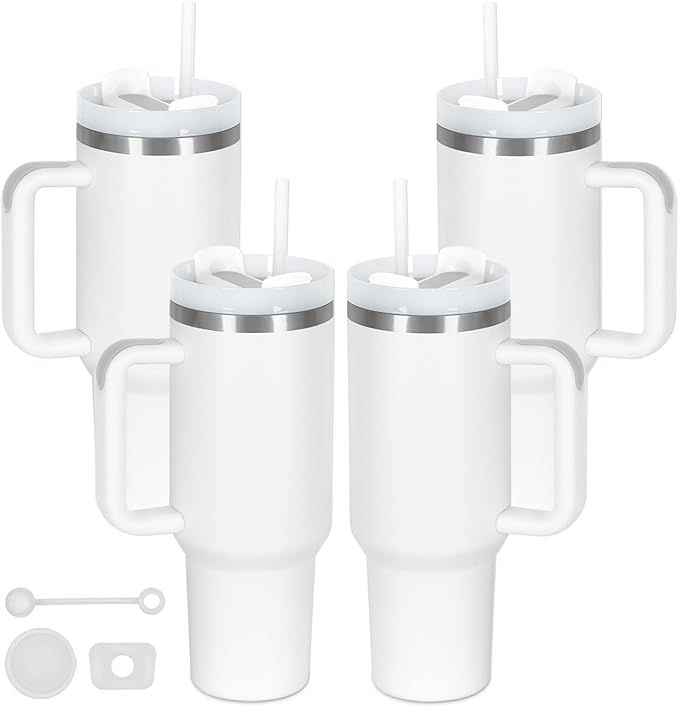 4 Pack 40 Oz Tumbler with Handle Bulk, Double Wall Vacuum Insulated Stainless Steel Tumbler with Lid and Straw, 40 oz cup with Silicone Spill Proof Stopper Set (White)