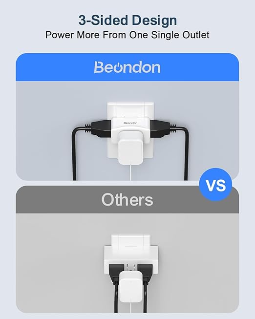 2 Prong to 3 Prong Outlet Adapter, BEONDON 3-Sided Wall Plug Extender with 3 AC Outlets for Non-Grounded Older Houses, Polarized Type-A Plug, 1 Pack