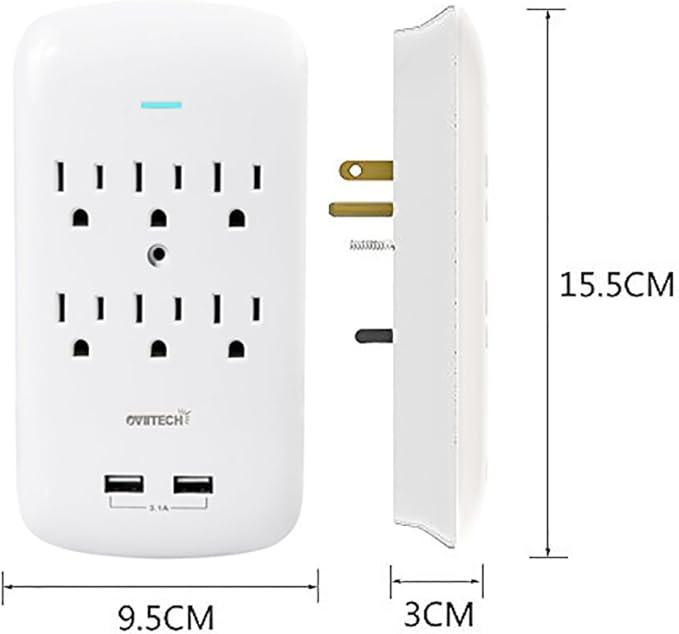 Oviitech 6 Outlet Surge Protector,900 Joules Wall Adapter Tap with 2 USB Charger, Dual 3.1A USB Ports, 3-Prong Wall Mount Outlet Plugs,ETL Listed,White