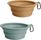 PetBonus 2-Pack Large Silicone Collapsible Dog Bowls, 34oz/1000ml BPA Free Portable Foldable Travel Bowl for Pet Cat, Food Water Feeding Dish for Camping with 2 Carabiners (Turquoise, Tan)