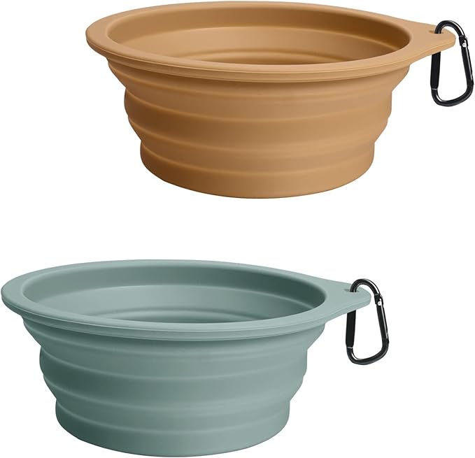 PetBonus 2-Pack Large Silicone Collapsible Dog Bowls, 34oz/1000ml BPA Free Portable Foldable Travel Bowl for Pet Cat, Food Water Feeding Dish for Camping with 2 Carabiners (Turquoise, Tan)