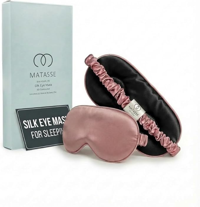 MATASSE 100% Mulberry Silk Sleep Mask 22 Momme Grade 6A - 3D Contoured Eye Mask for Sleeping, 14mm Deep Eye Cups, Total Blackout Blindfold for Women Men, Adjustable Strap, Side Sleeper (Pink/Black)