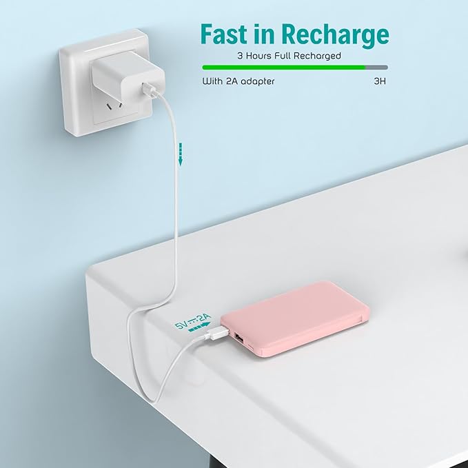 Sethruki Smallest Portable Charger with Built-in Cables 5000mAh,Ultra Slim Power Bank,Mini High Speed External Battery Packs,Lightweight USB C Phone Charger for iPhone Samsung Google Android (Pink)