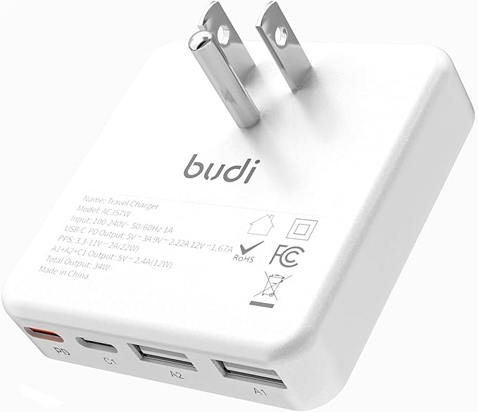 BUDI Flat USB C Wall Charger, 34W 4-Port USB Charger Block, Fast Charging Block with 20W Port Power Delivery and Dual Type-C for iPhone 16/15/14/13/12/11/Pro Max/XS/XR/8/7,Tablets