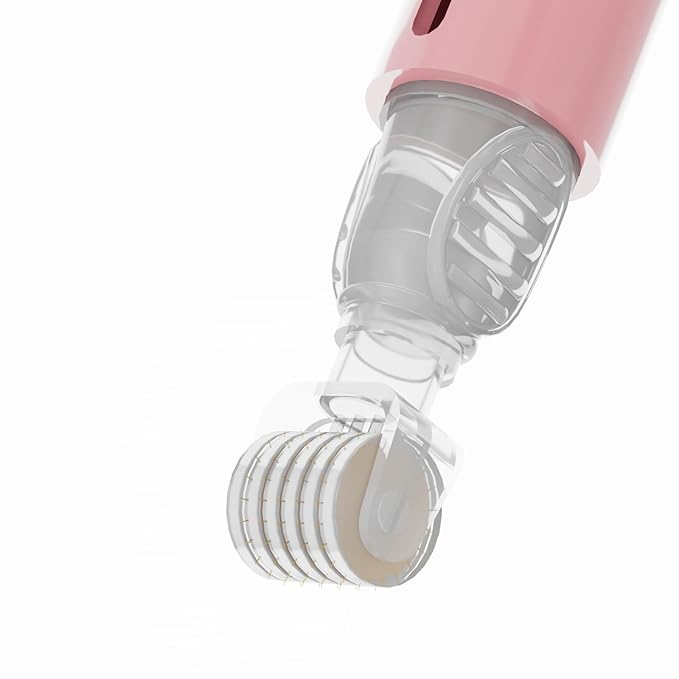 Derma Roller with Liquid Reservoir Serum Applicator for Lips, Skin, Hair, Wrinkles, Easy to Use Face Roller Skin Care Tools Without Serum, 105 Titanium Needles 0.25 mm (PINK 0.25mm)