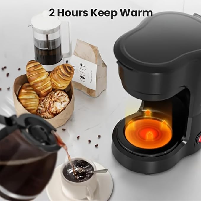 Coffee Maker, 5 Cup Drip Coffee Machine with Glass Carafe, Compatible with Ground&Tea Leaves – Portable Small Cafetera for Home, Office, Travel & Camping-Black