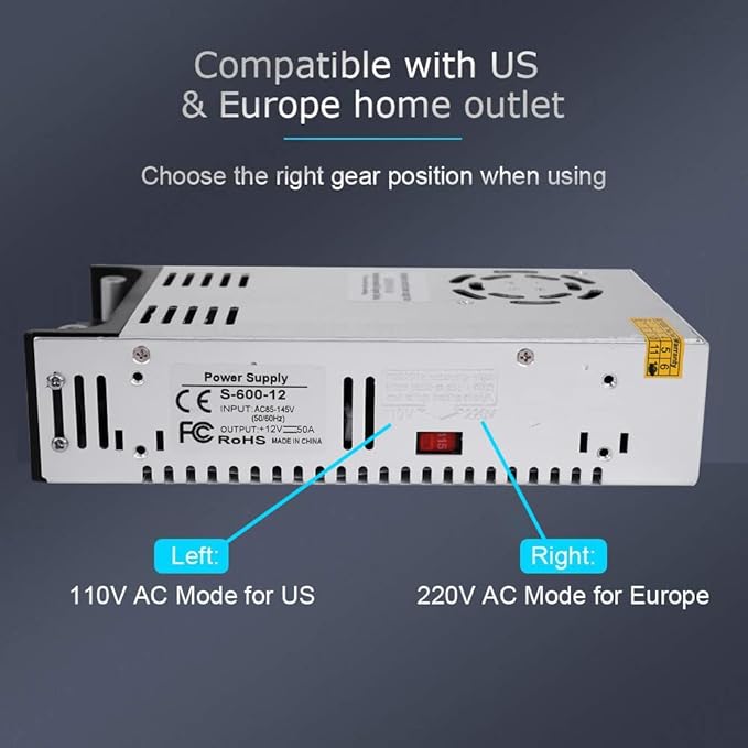 High-Power SMPS 110V/220V AC to 12V DC Converter - 50A 600W Power Supply - Adjustable Switch Transformer for LED Strip, LCD Monitor CCTV, Radio/Car Stereos, 3D Printer - Includes 2 Clamp Wires
