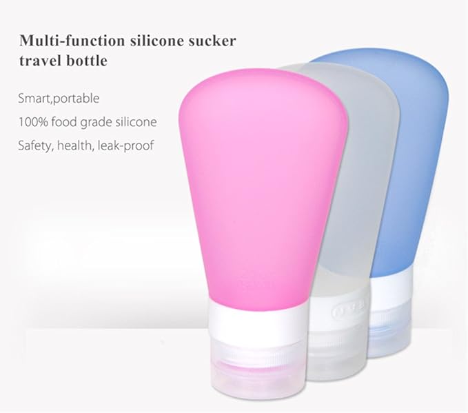 3 Pack Portable Food Grade Squeeze Silicone Liquid Travel Bottles For Shampoo, Conditioner, Lotion, Toiletries, condiments(2 OZ Pink + White + Blue)