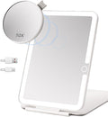 Rechargeable Travel Makeup Mirror with Light,7x5 inches Portable Lighted Vanity Mirror with Small 10X Magnifying, LED 3 Color Dimmable, Tabletop Folding Compact Mirror