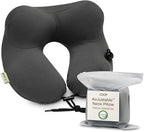 Coop Home Goods AirJustable Travel Neck Pillow, Inflatable, Adjustable Support for Neck & Chin, Compact, Soft Memory Foam Comfort, Airplane Travel Essentials, Cooling & Washable Cover